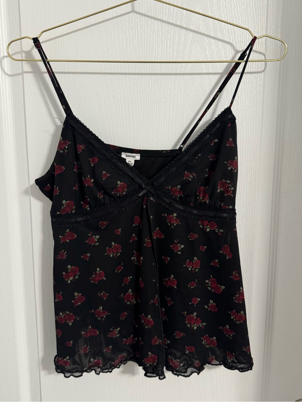 Garage Black Cami with Red Rose Print and Lace Trim